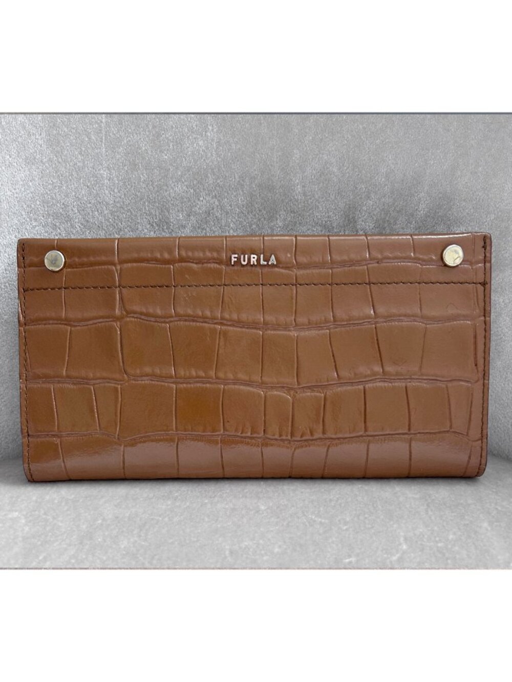 Furla Alligator Embossed Leather Slim Wallet in Cognac, Snap Closure